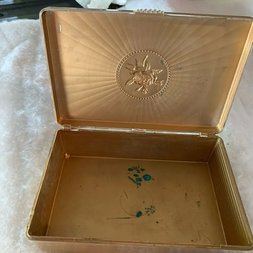 Vintage Gold Colored Plastic Box With Embossed Rose On Top